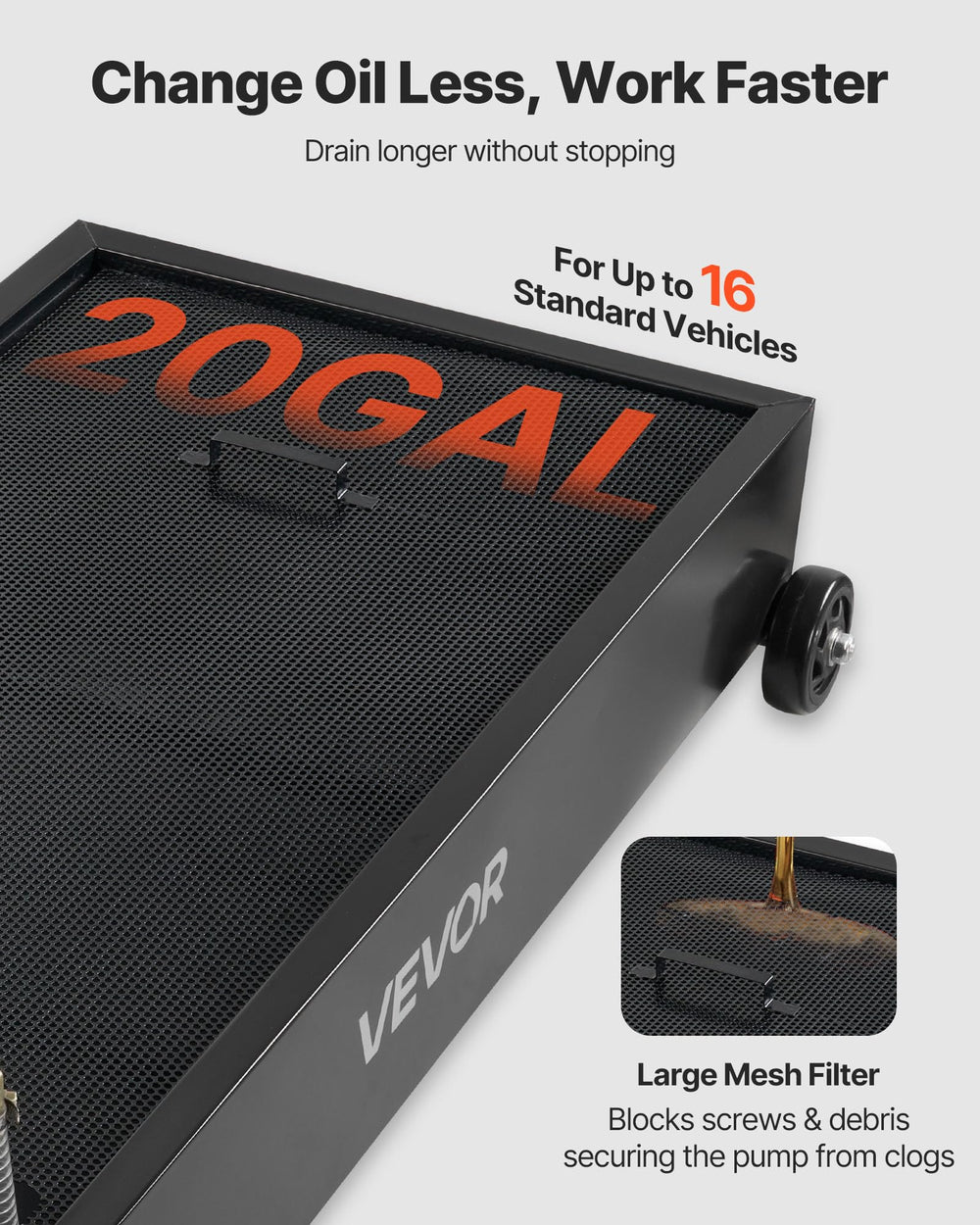 VEVOR oil drain pan with wheels and brake for stable mobility.