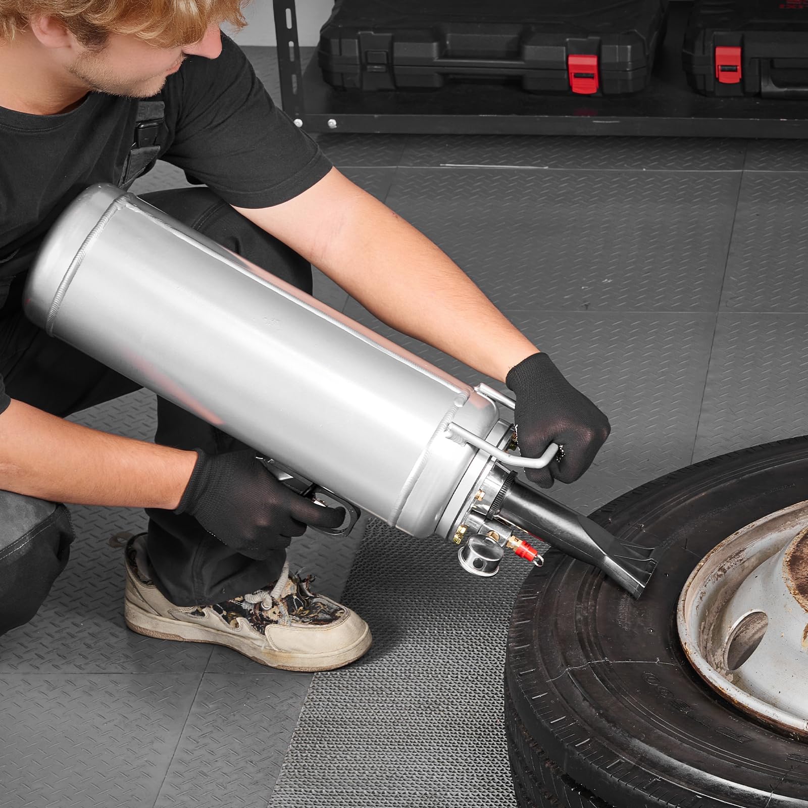 VEVOR portable tire bead seater front view highlights compact efficiency for quick roadside bead seating.