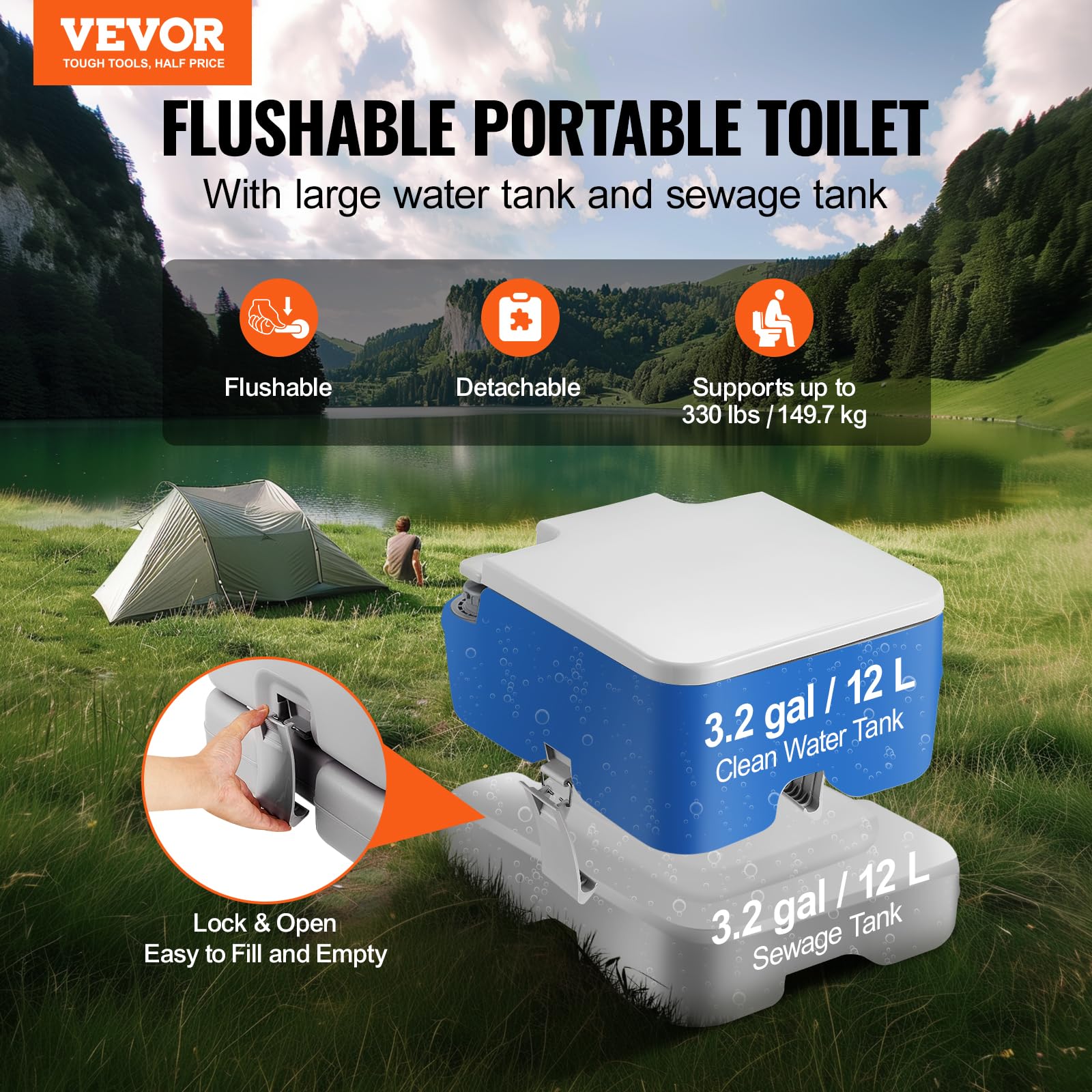 VEVOR portable toilet camping pressurized flush action supports quick cleaning.