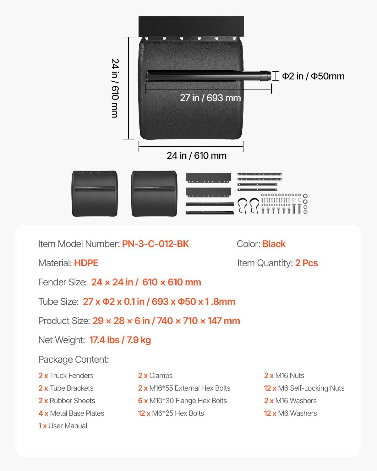 VEVOR 24x24 fenders minimize dirt and gravel spray.