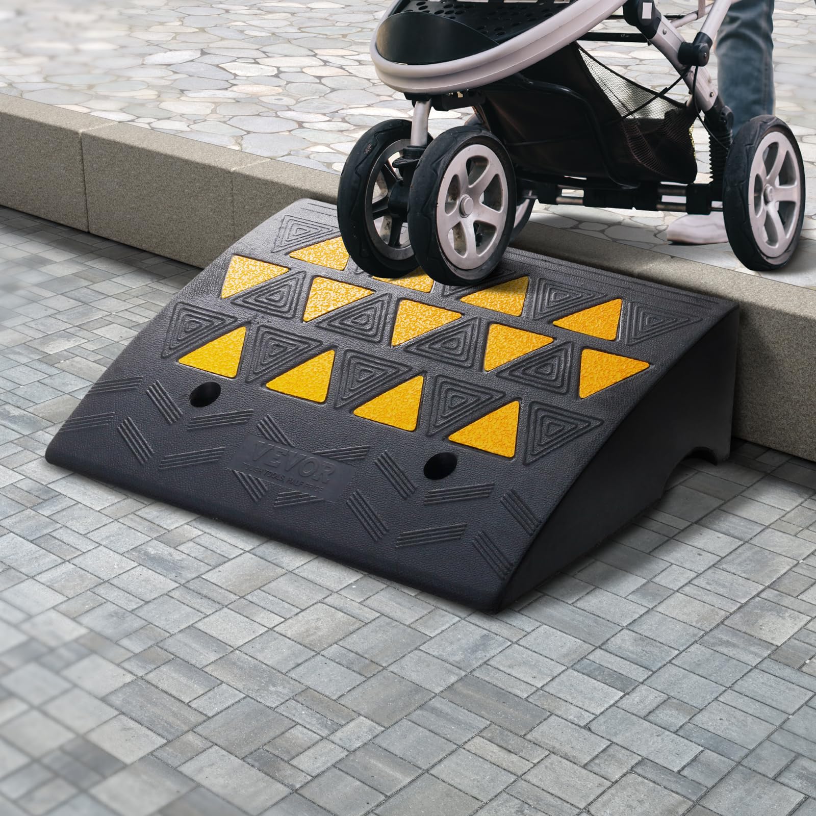 VEVOR Rubber Curb Ramp screw grooves enable secure permanent mounting.