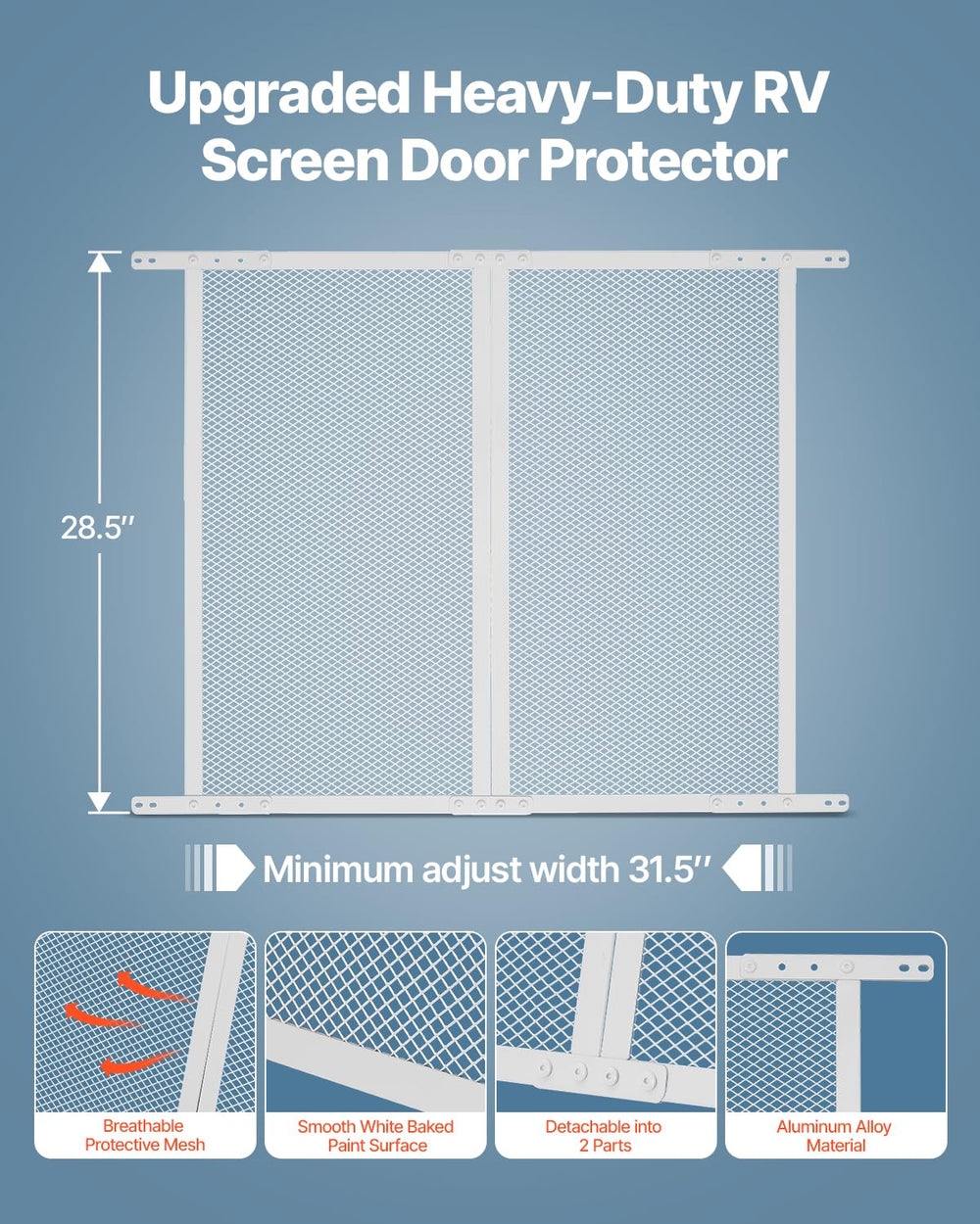VEVOR aluminum alloy door protector highlights lightweight, rust-proof durability for outdoor use.