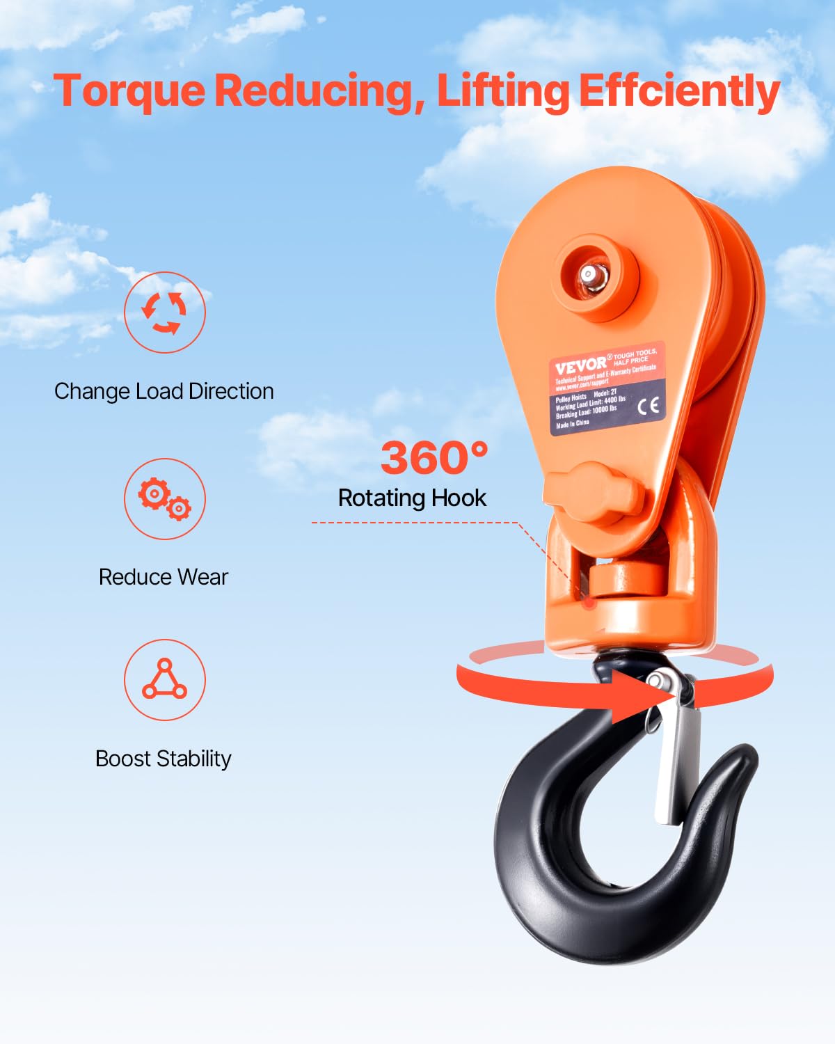 VEVOR snatch block featuring a 3-inch pulley for heavy load movement.