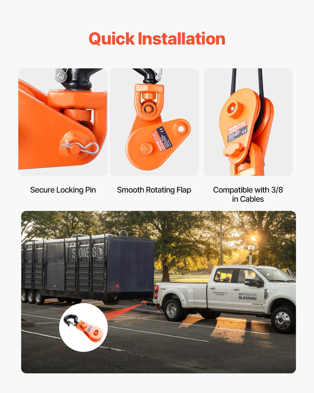 VEVOR snatch block side panel with security pin for quick opening.