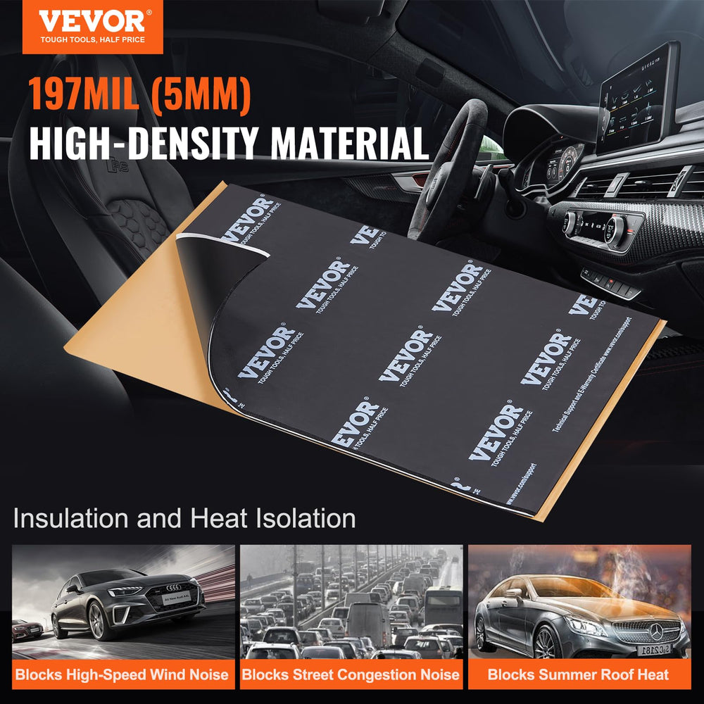 VEVOR 3-in-1 soundproofing structure cross-section with foil, foam, and adhesive.