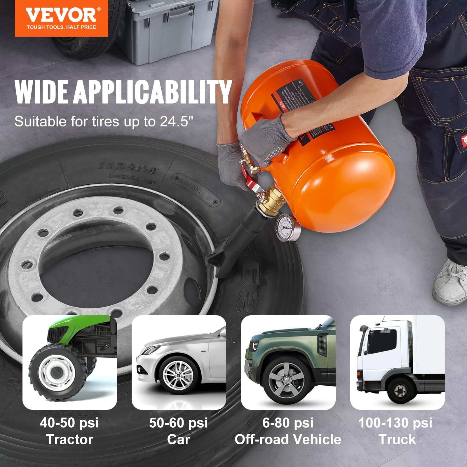 VEVOR Tire Bead Seater side profile highlighting rugged aluminum body and durability