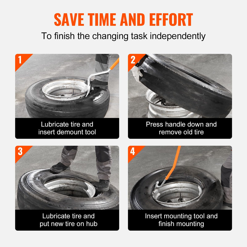 Demount tool set for tubeless tires speeds up removal and remounting.