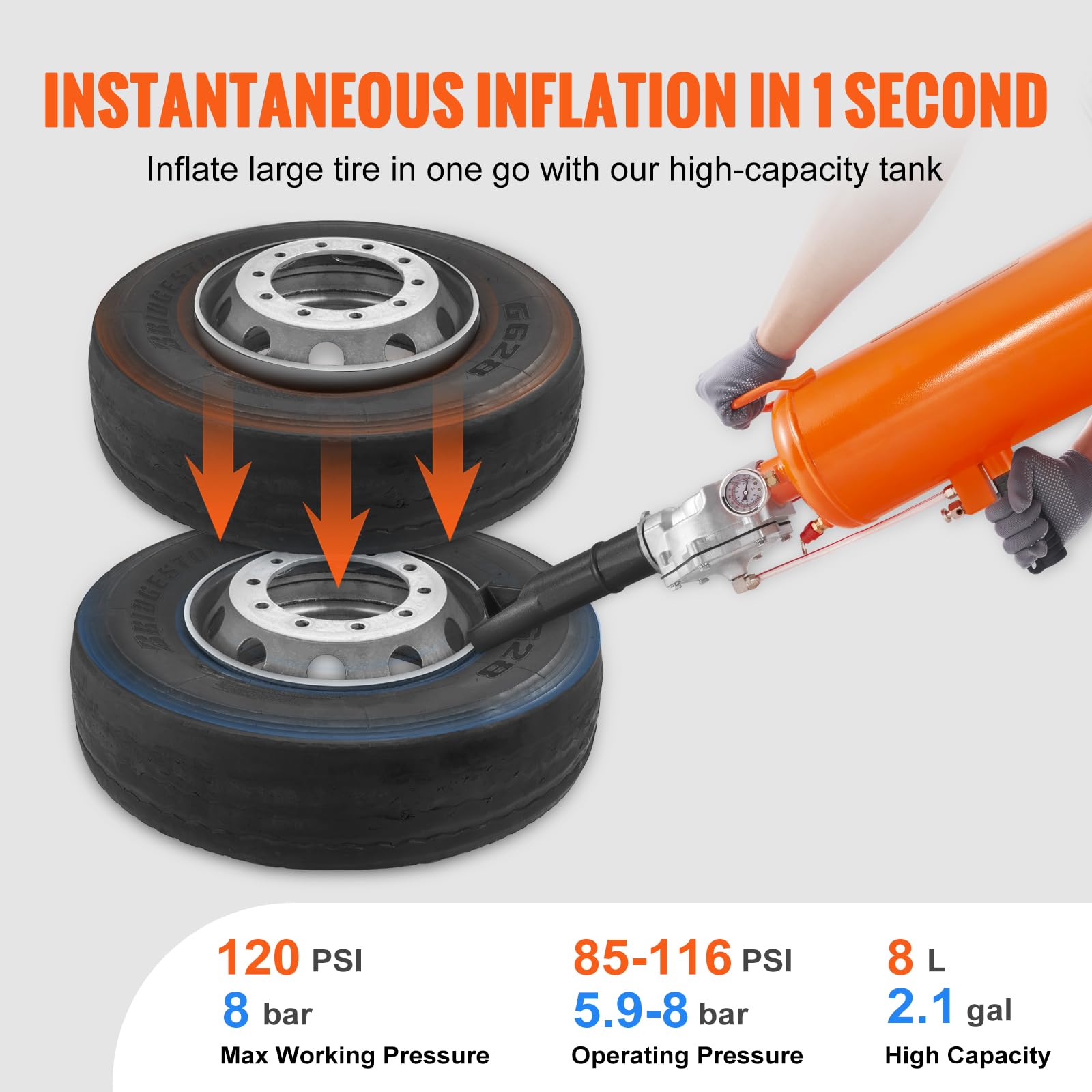 VEVOR Tire Seater pressure gauge enables accurate pressure monitoring.