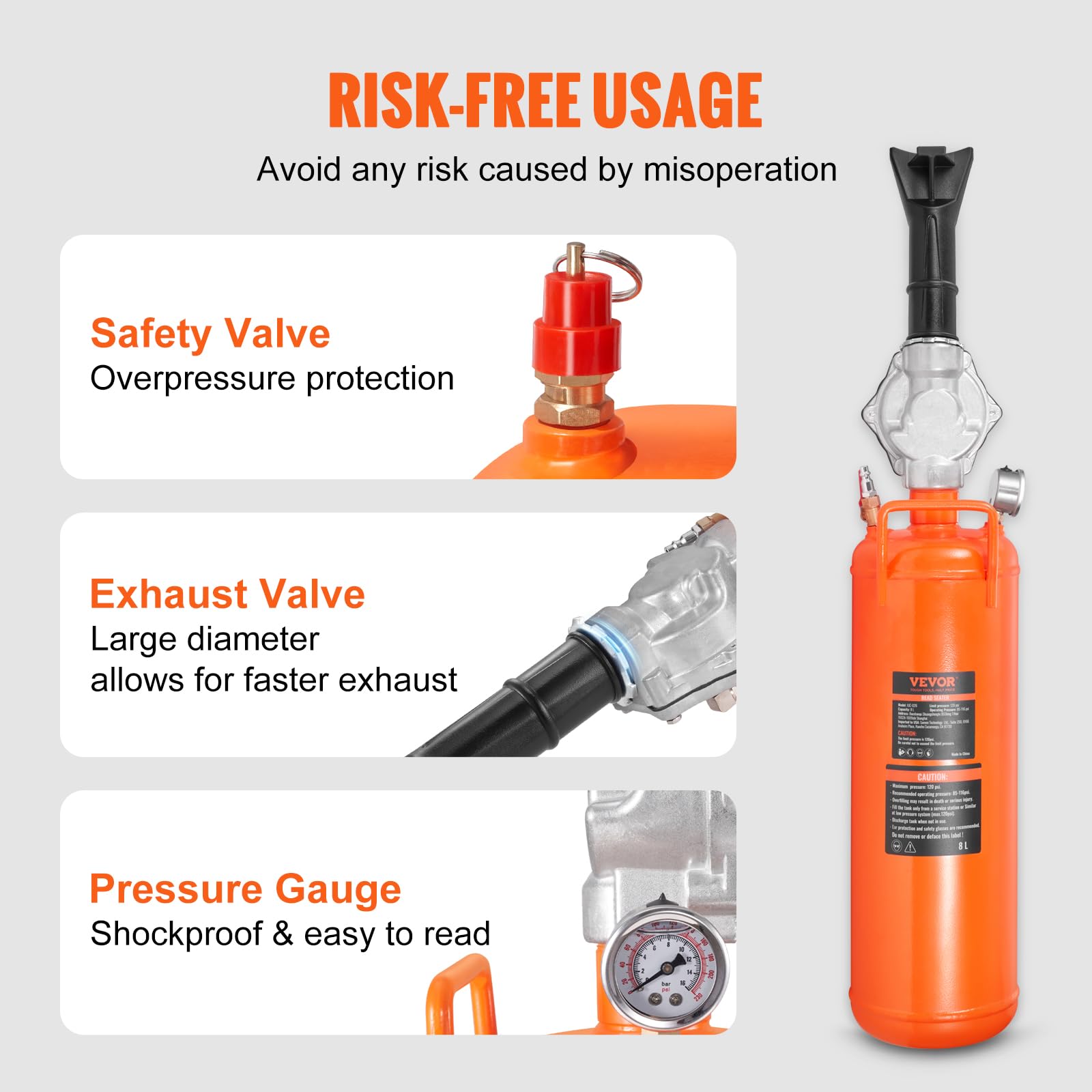 VEVOR Tire Seater built-in safety valve helps prevent over-pressurization.