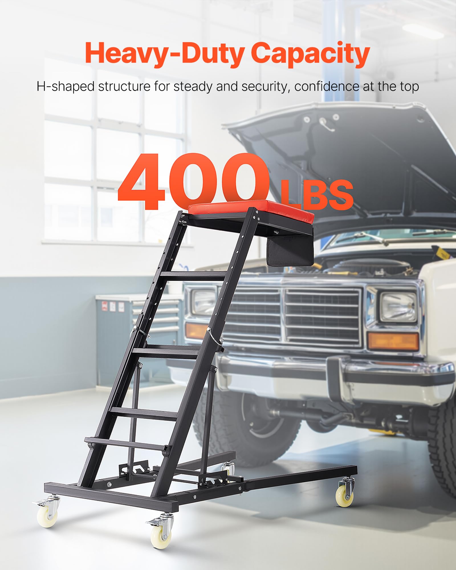 VEVOR Topside Creeper at 48-76 inch height highlighting adjustable reach