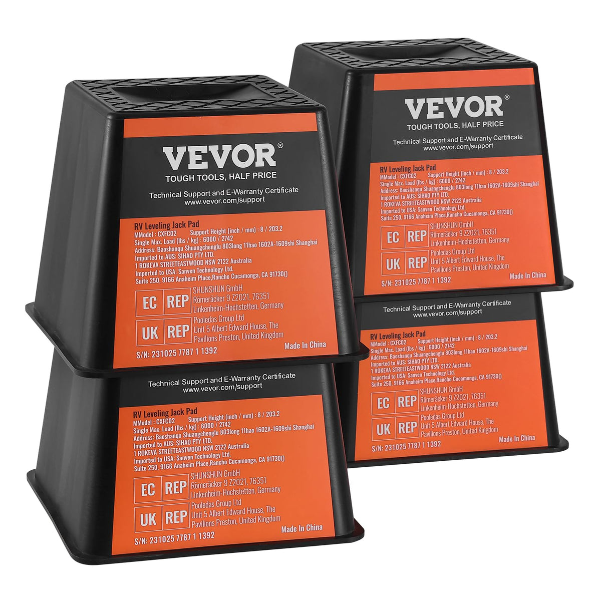 VEVOR trailer jack block, 8-inch height supports leveling on uneven ground.
