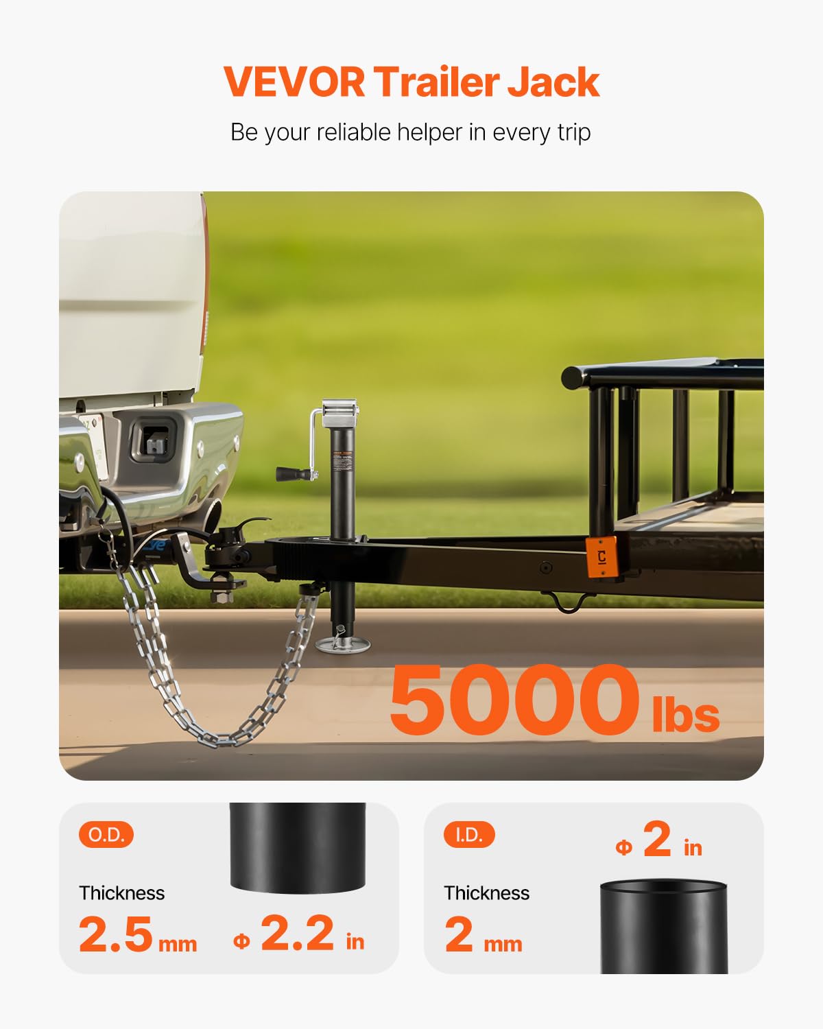 VEVOR trailer jack height adjustment demonstrates versatile leveling on uneven ground.