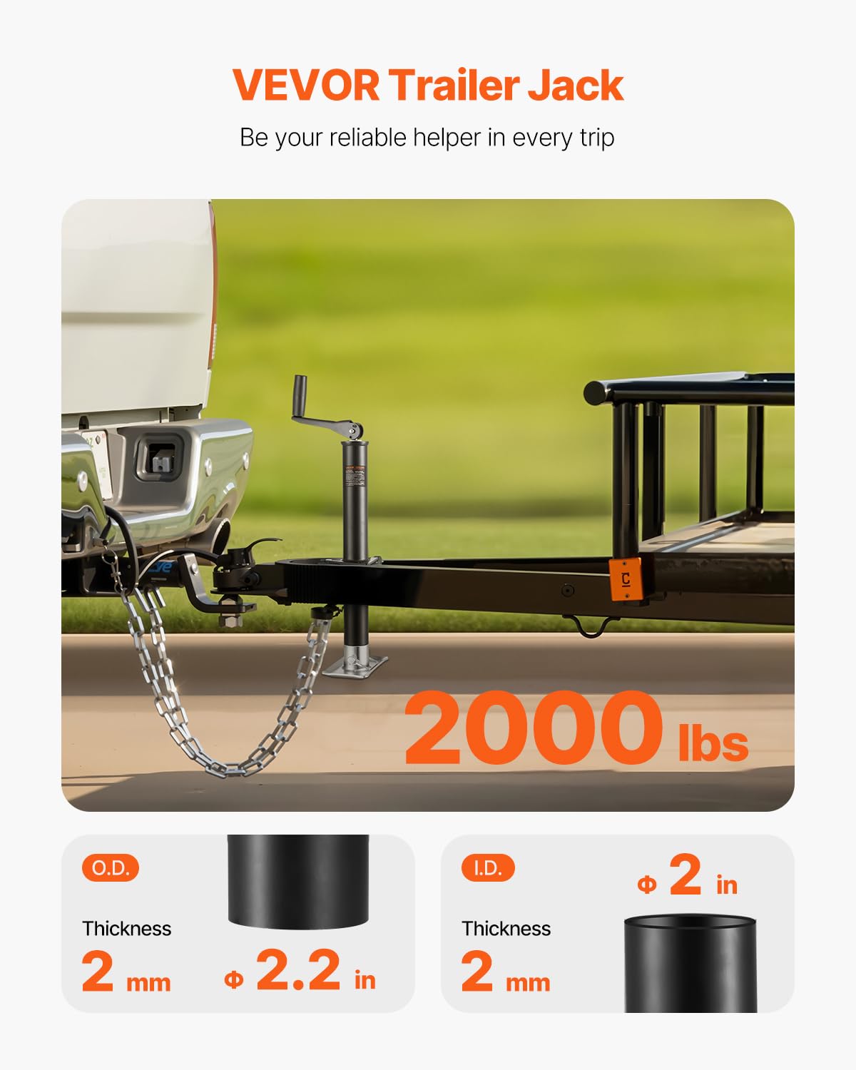VEVOR trailer jack vertical travel of 13-3/4 inches demonstrates tall lift range.
