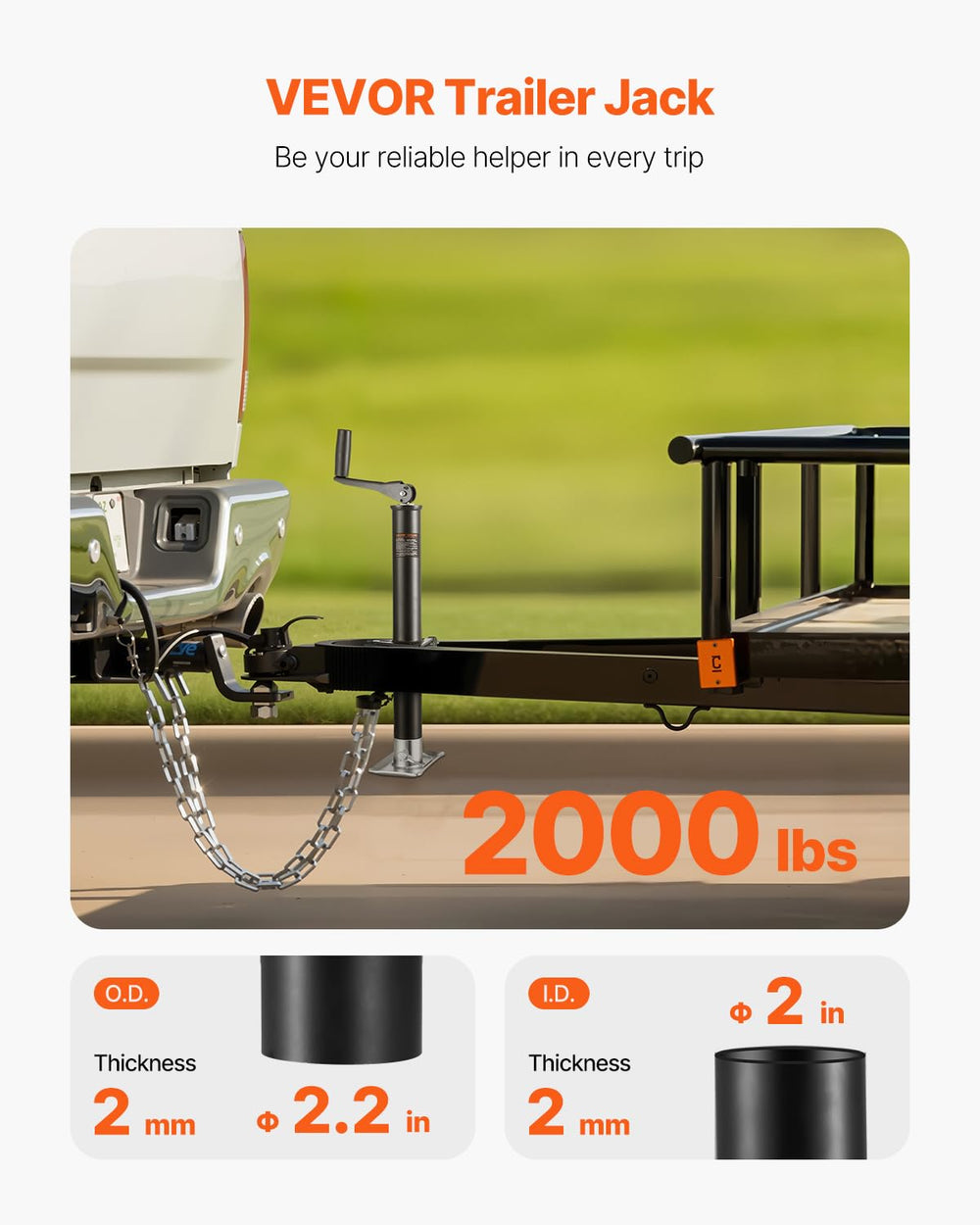 VEVOR trailer jack vertical travel of 13-3/4 inches demonstrates tall lift range.
