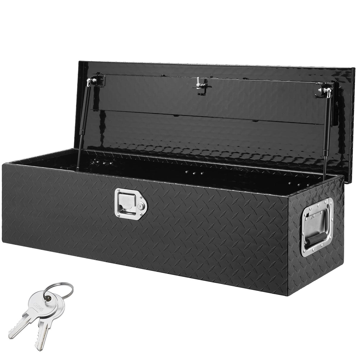 VEVOR toolbox on truck bed with diamond plate finish for secure tool storage.