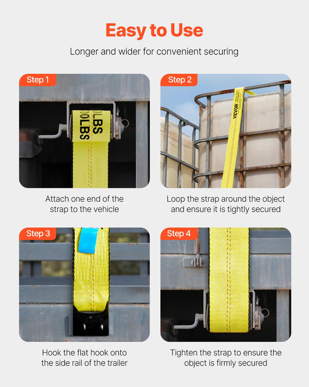 VEVOR truck straps flat-hook on trailer ready to secure loads.