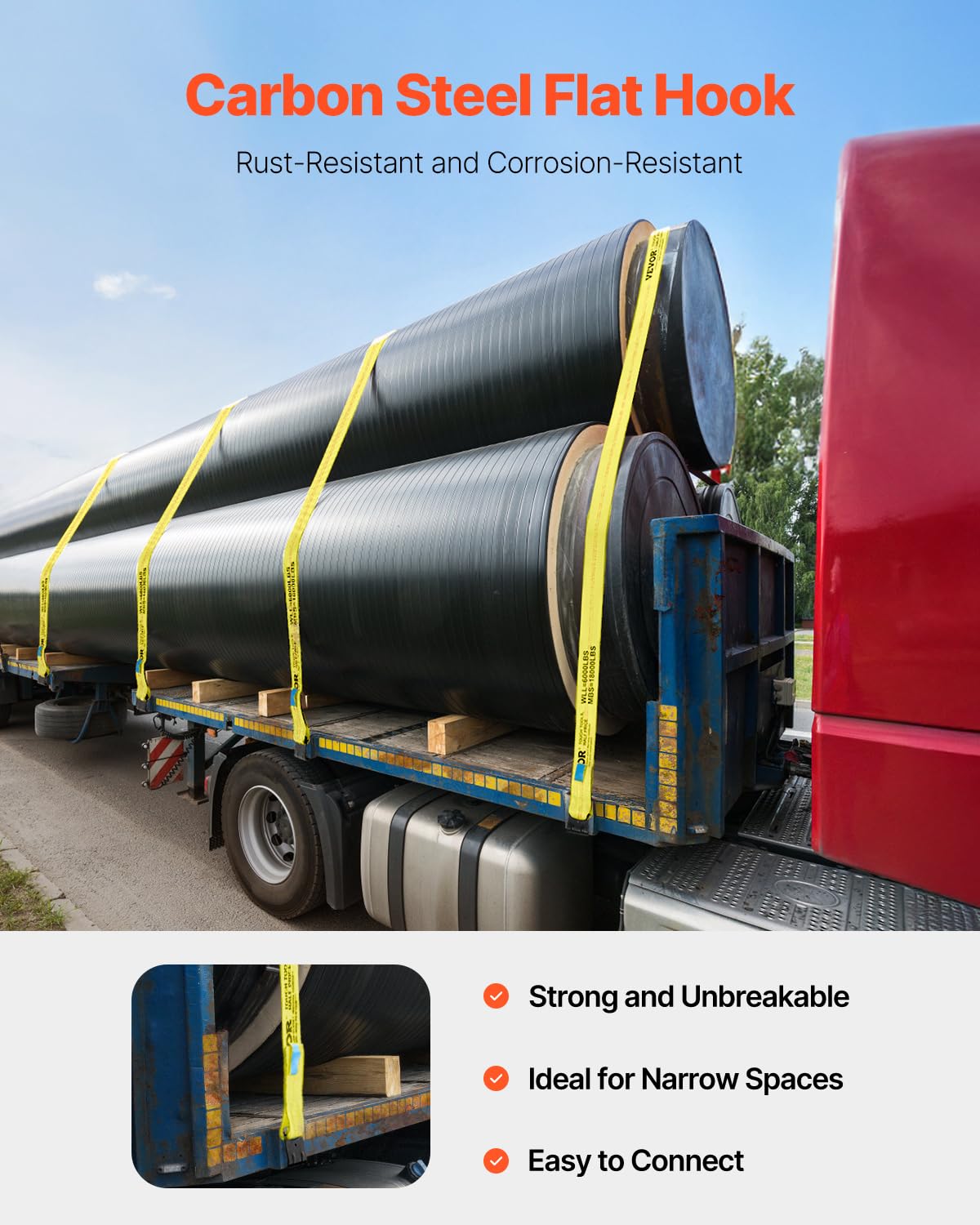 VEVOR truck straps heat-treated strength ensures reliable tie-down performance.