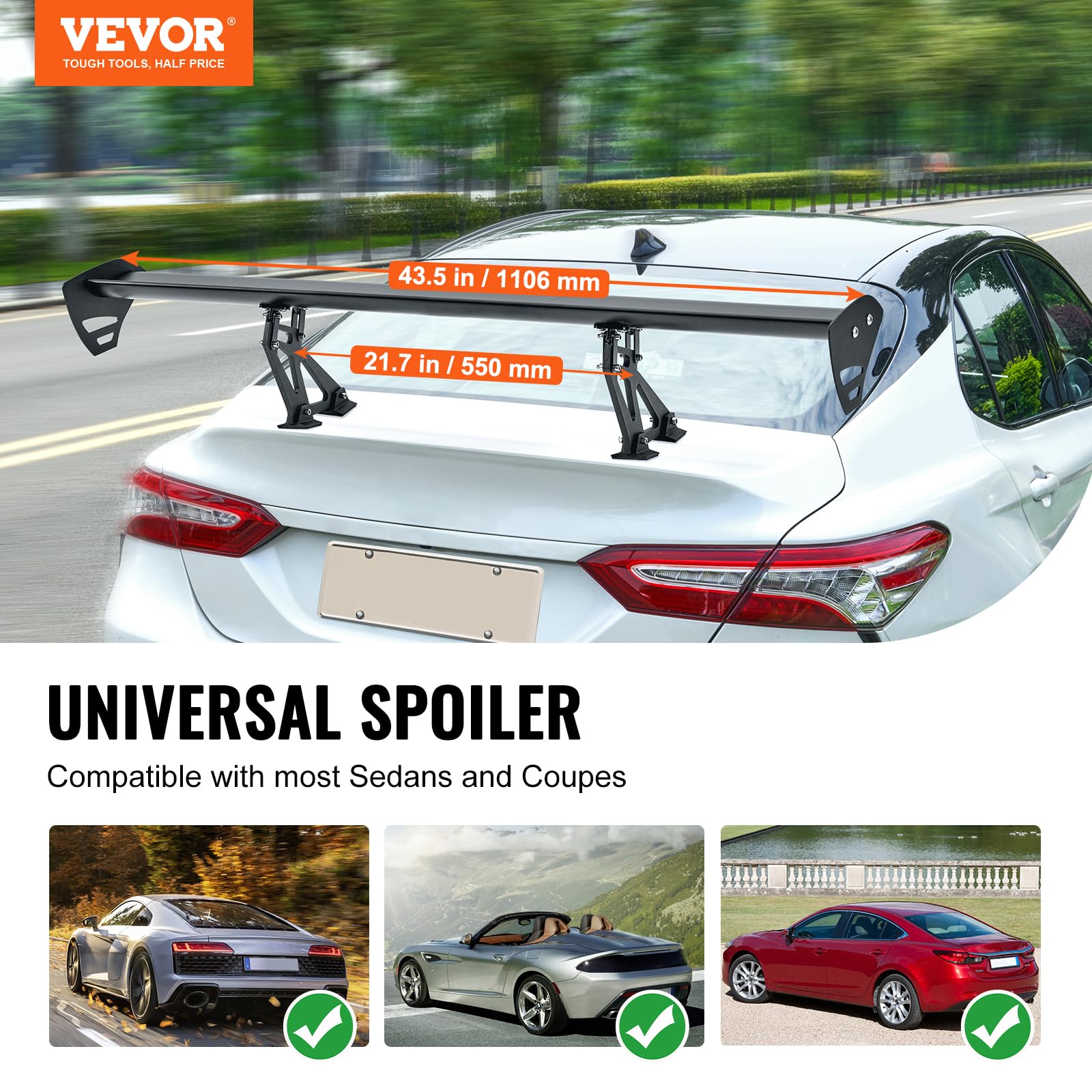 VEVOR universal spoiler shown with wide compatibility for sedans and coupes.