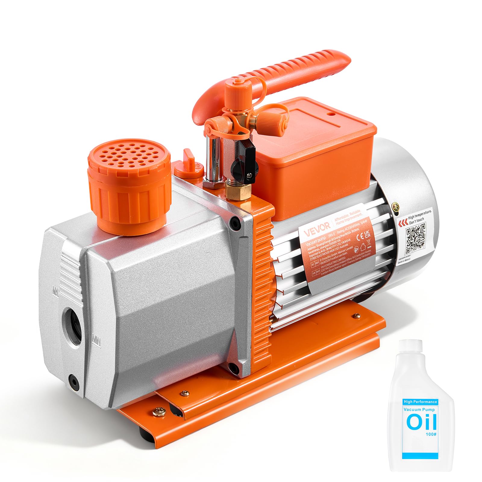 VEVOR vacuum pump front view showing compact two stage design for HVAC work