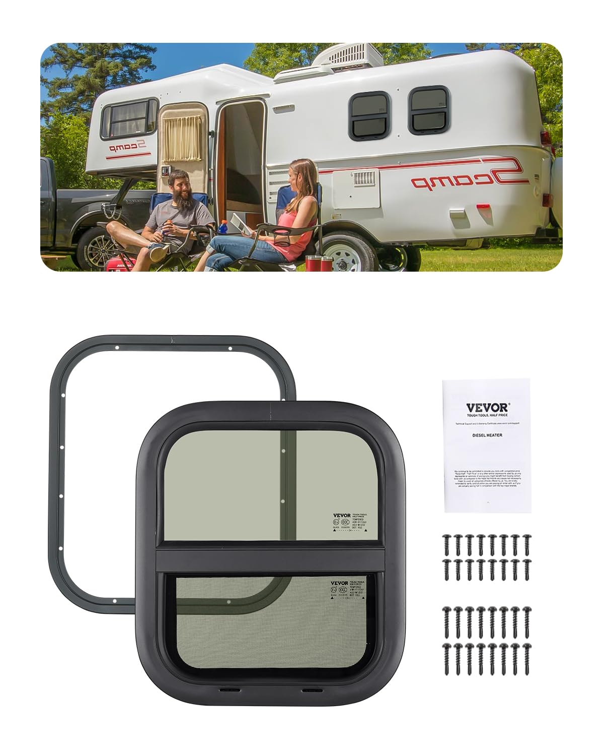 VEVOR vertical RV window front view shows privacy tint and compact fit for replacement.