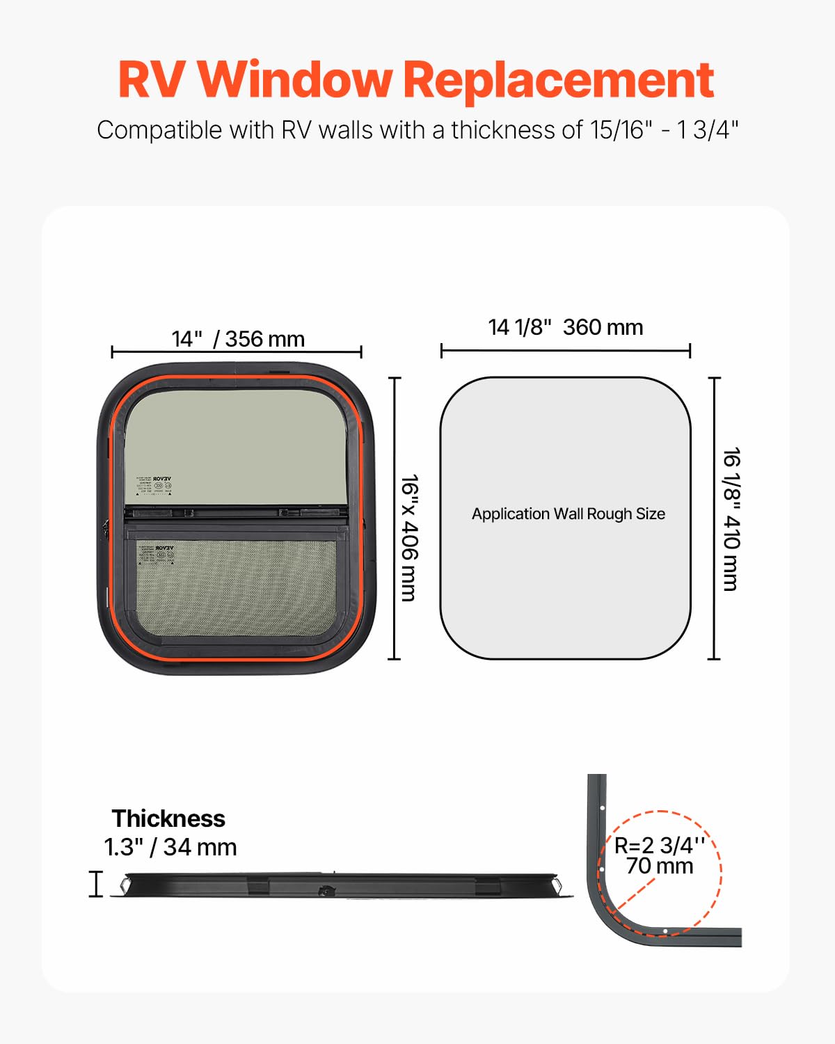 VEVOR vertical RV window side view shows precise alignment for quick trailer installation.