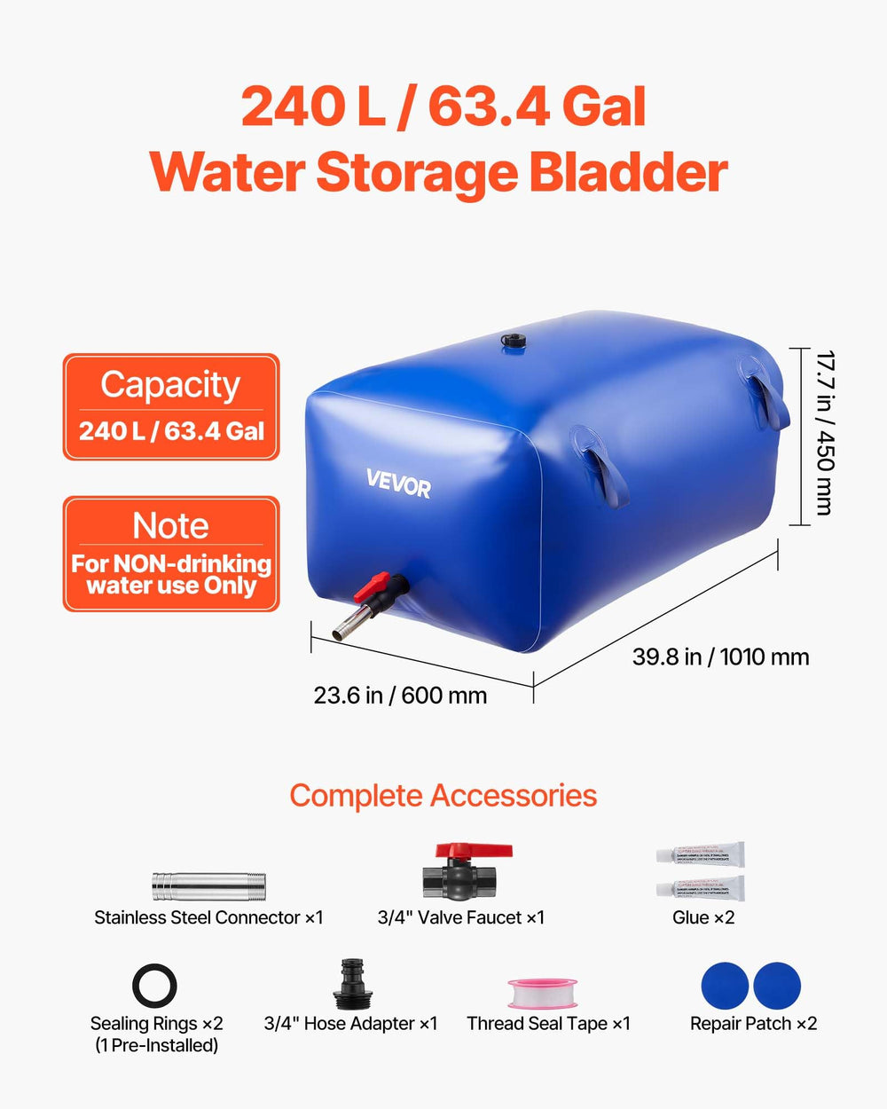 VEVOR water storage bladder collapsible design saves space for travel and storage.