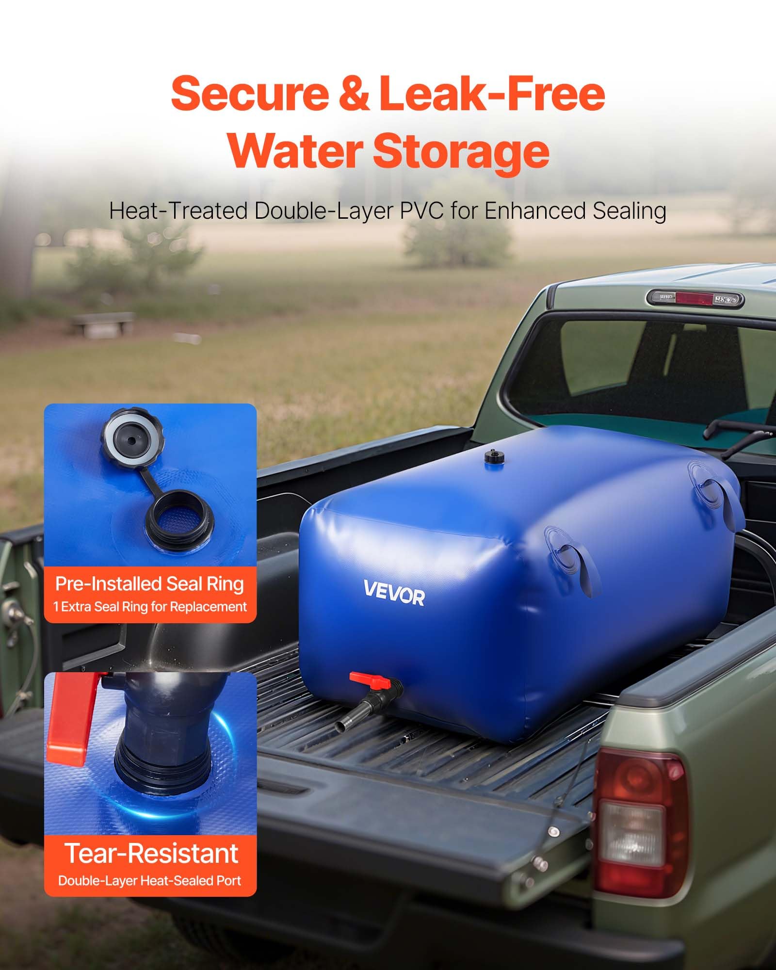 VEVOR water storage bladder with precise dimensions for planning setups.