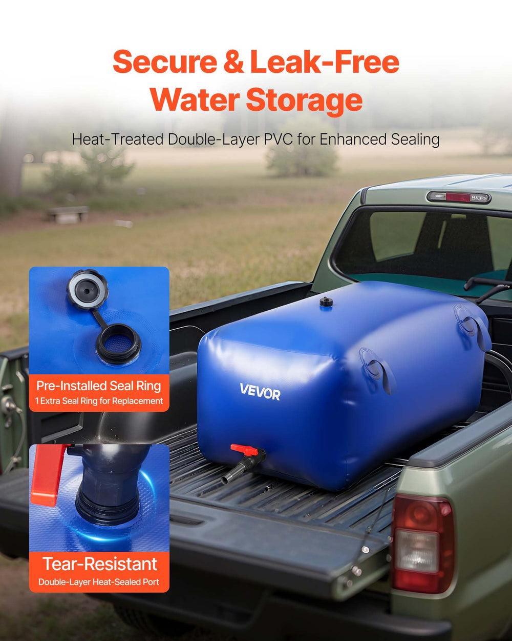 VEVOR water storage bladder with precise dimensions for planning setups.