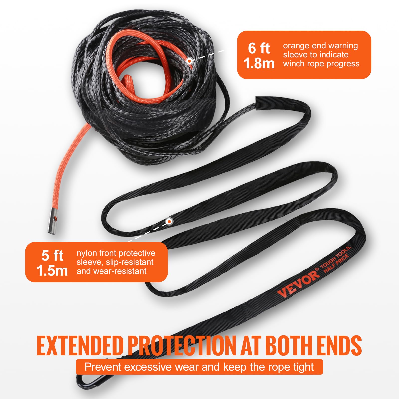 Orange warning sleeve at rope end enhances visibility and safety awareness.