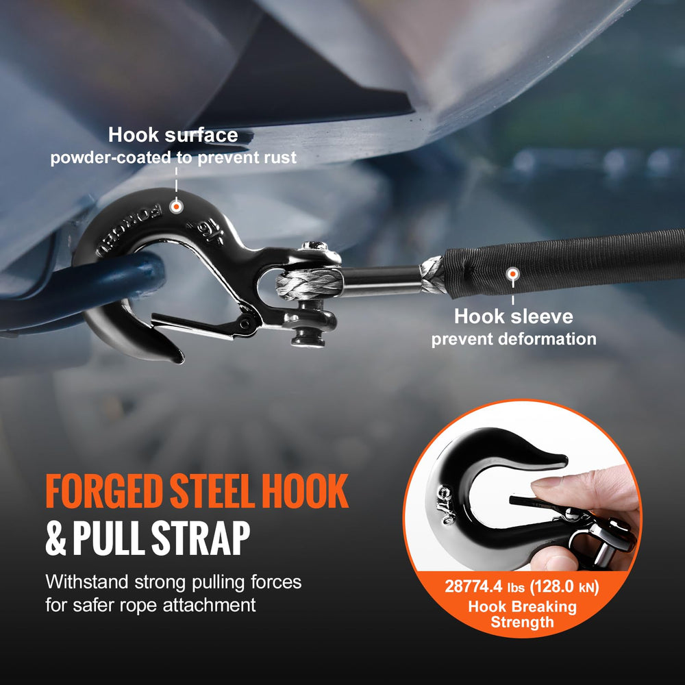Protective sleeve surrounds rope to resist abrasion during winching tasks.