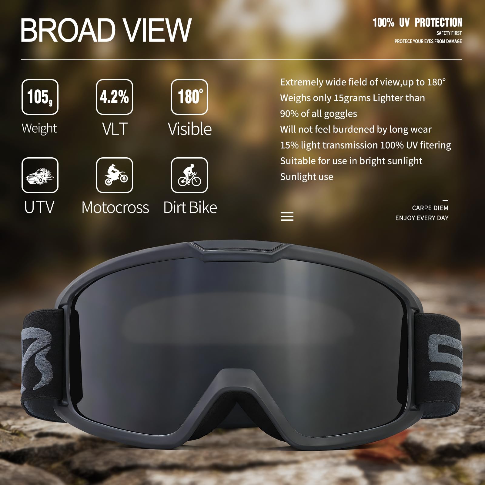 VEWOE motocross goggles UV400 lens for glare reduction in bright sun