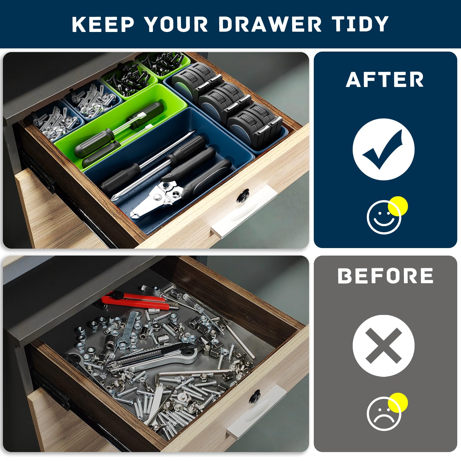 Vexercisehoop interlocking design enables flexible drawer layouts.
