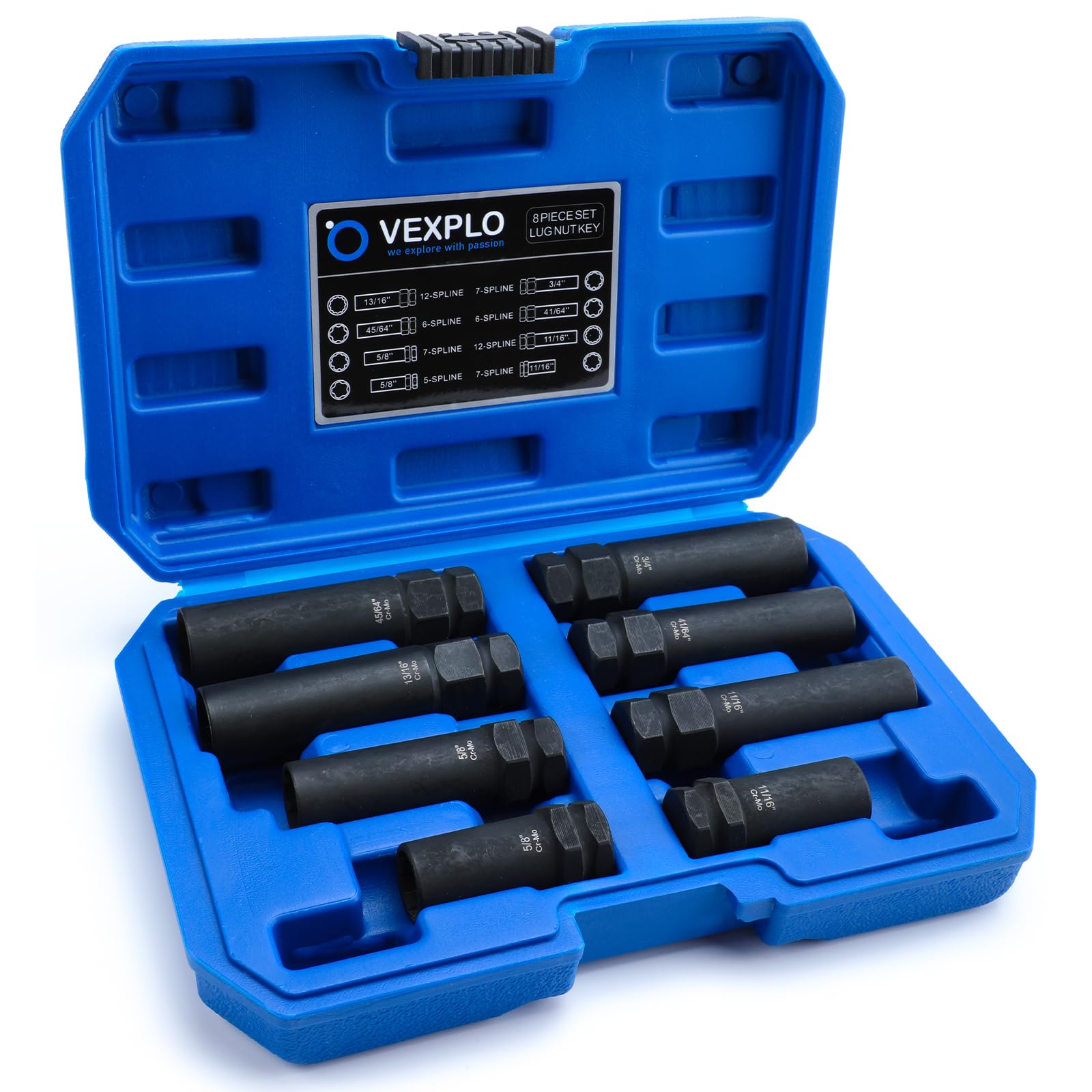 VEXPLO Spline Lug Nut Socket Set case keeps all keys organized for quick access.