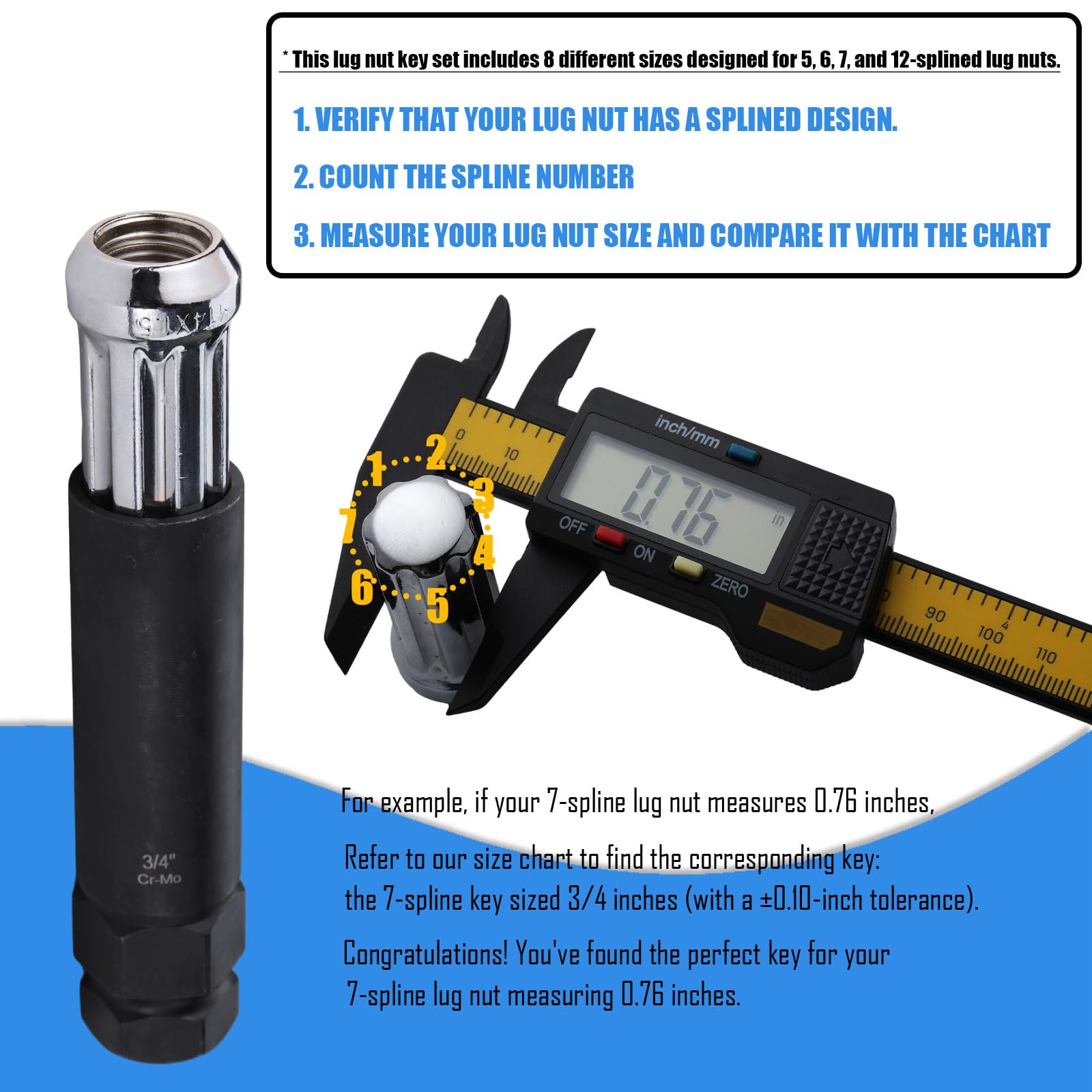VEXPLO Spline Lug Nut Socket Set sockets clearly labeled for fast identification.
