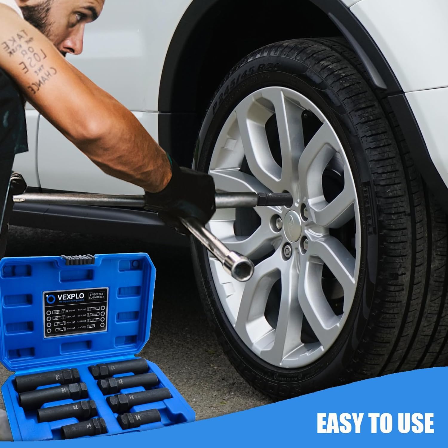 VEXPLO wheel lock removal in action shows quick access to a wheel.