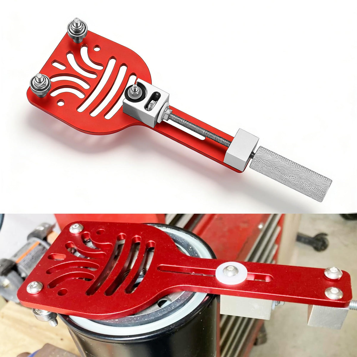 VEXTHYX 77750 oil filter cutter in use shows quick filter inspection.