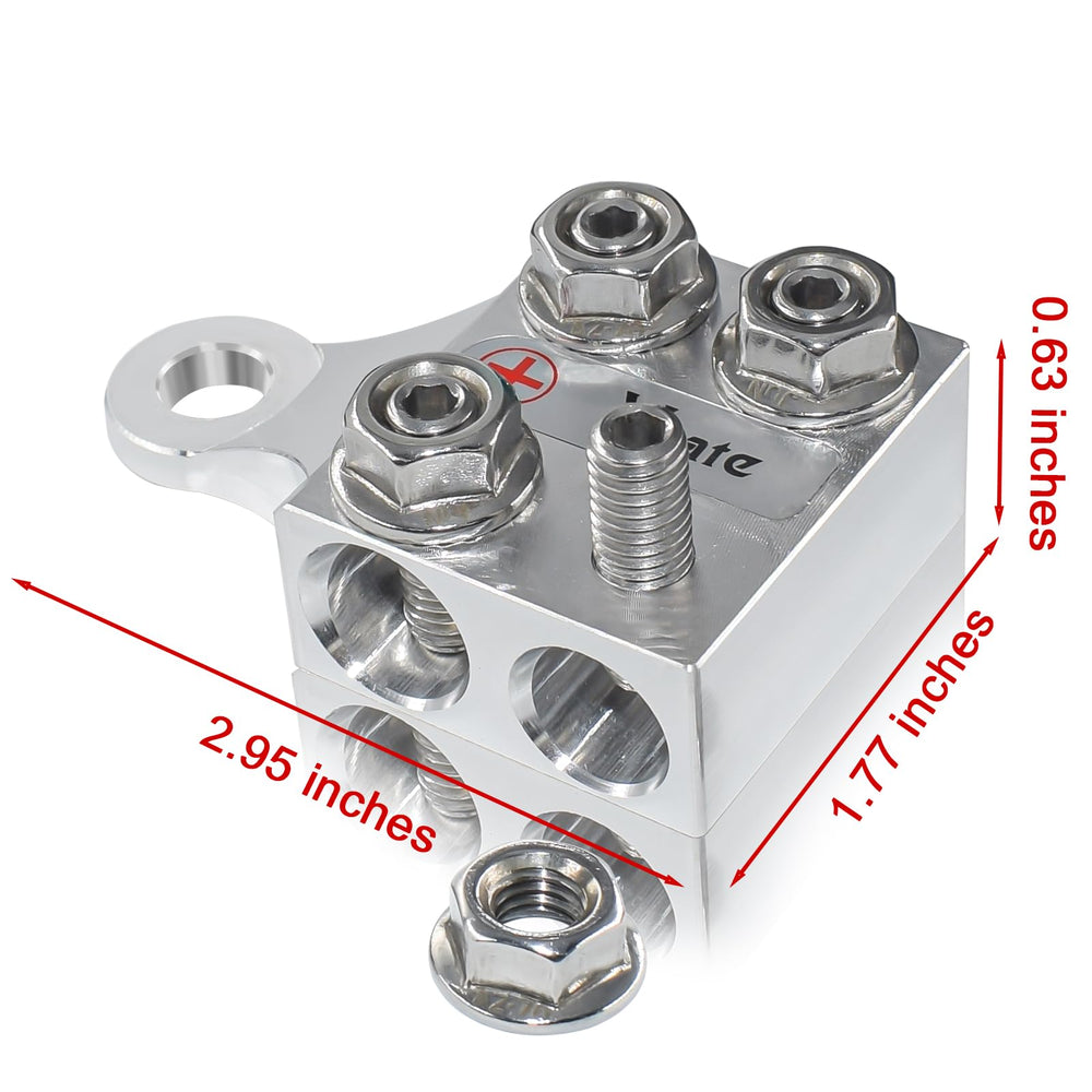 Vgate 8-Way distribution block shows post size options for bolt-down compatibility.
