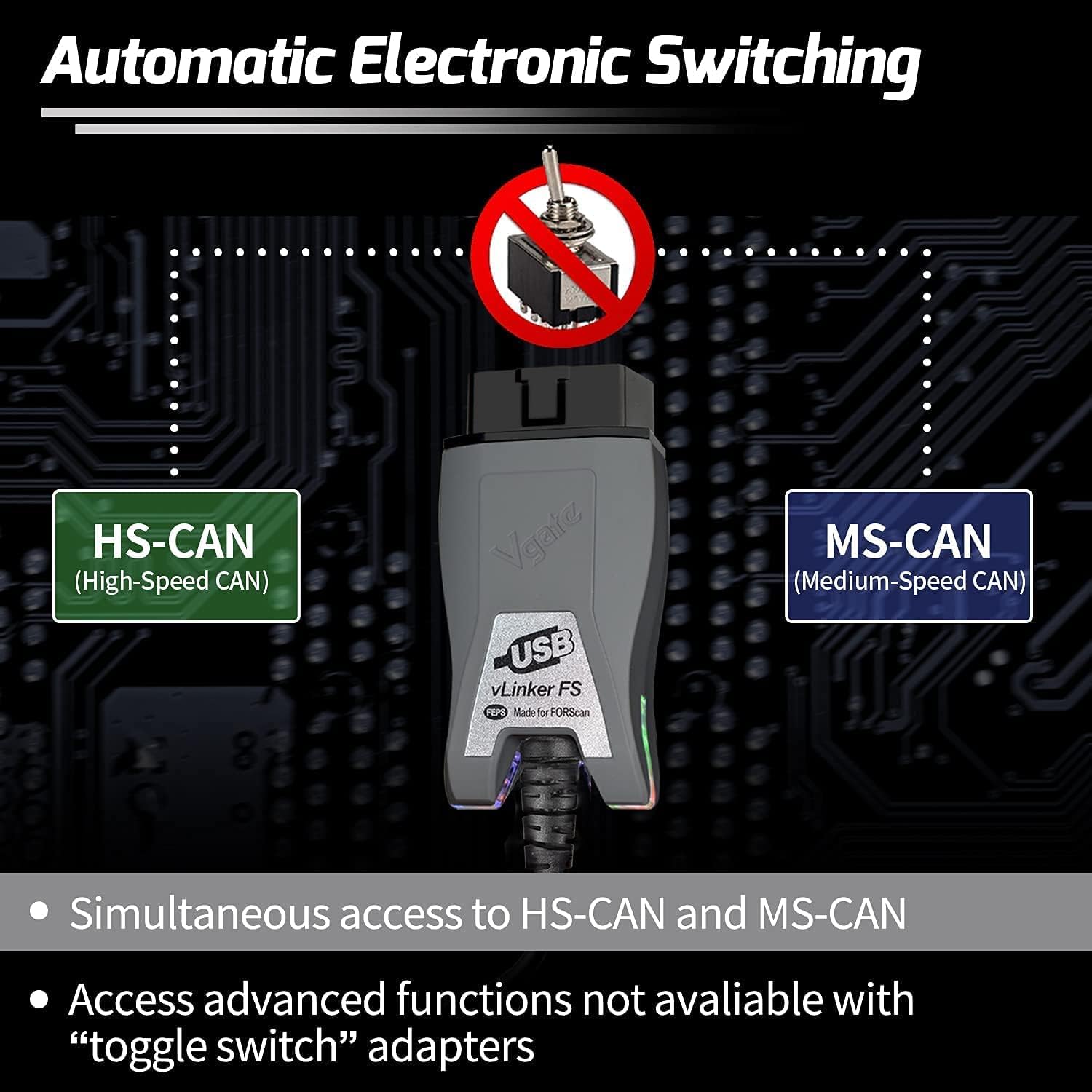 Vgate vLinker FS demonstrates FORS-can switching across CAN buses.