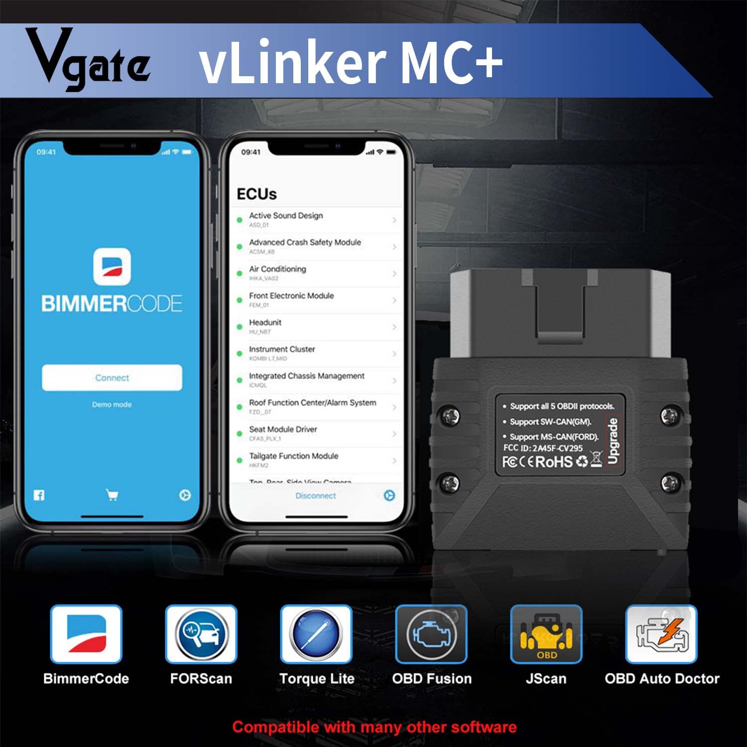 Vgate vLinker MC+ connected to the OBD port for on-vehicle checks.