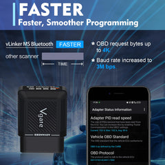 VGate VLinker MS connected to a smartphone for on-the-go diagnostics.
