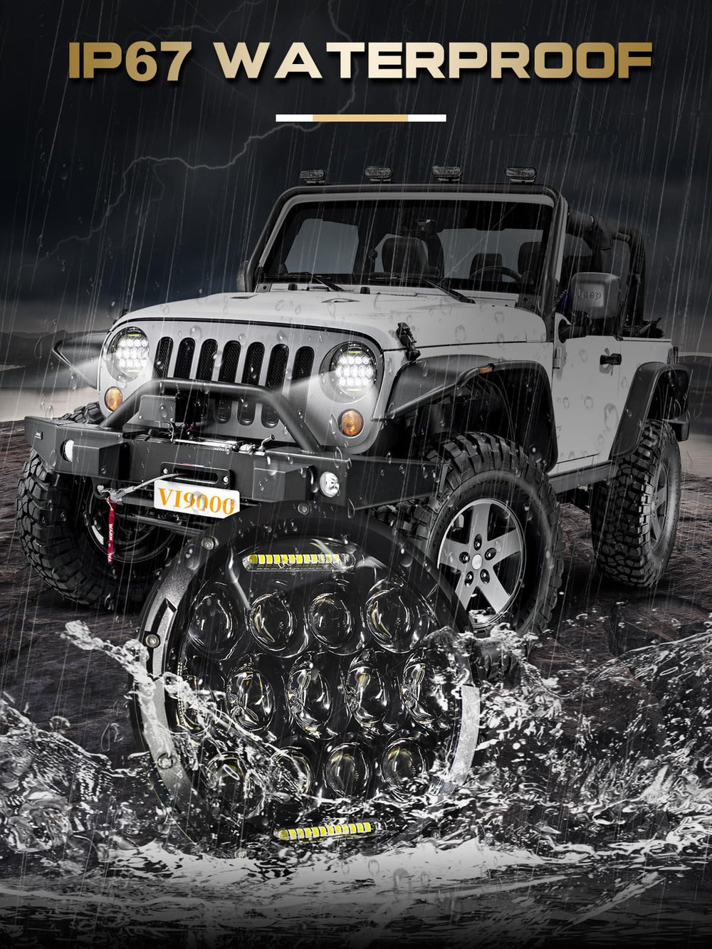 VI9000 headlight IP67 rating for reliable performance in rain.