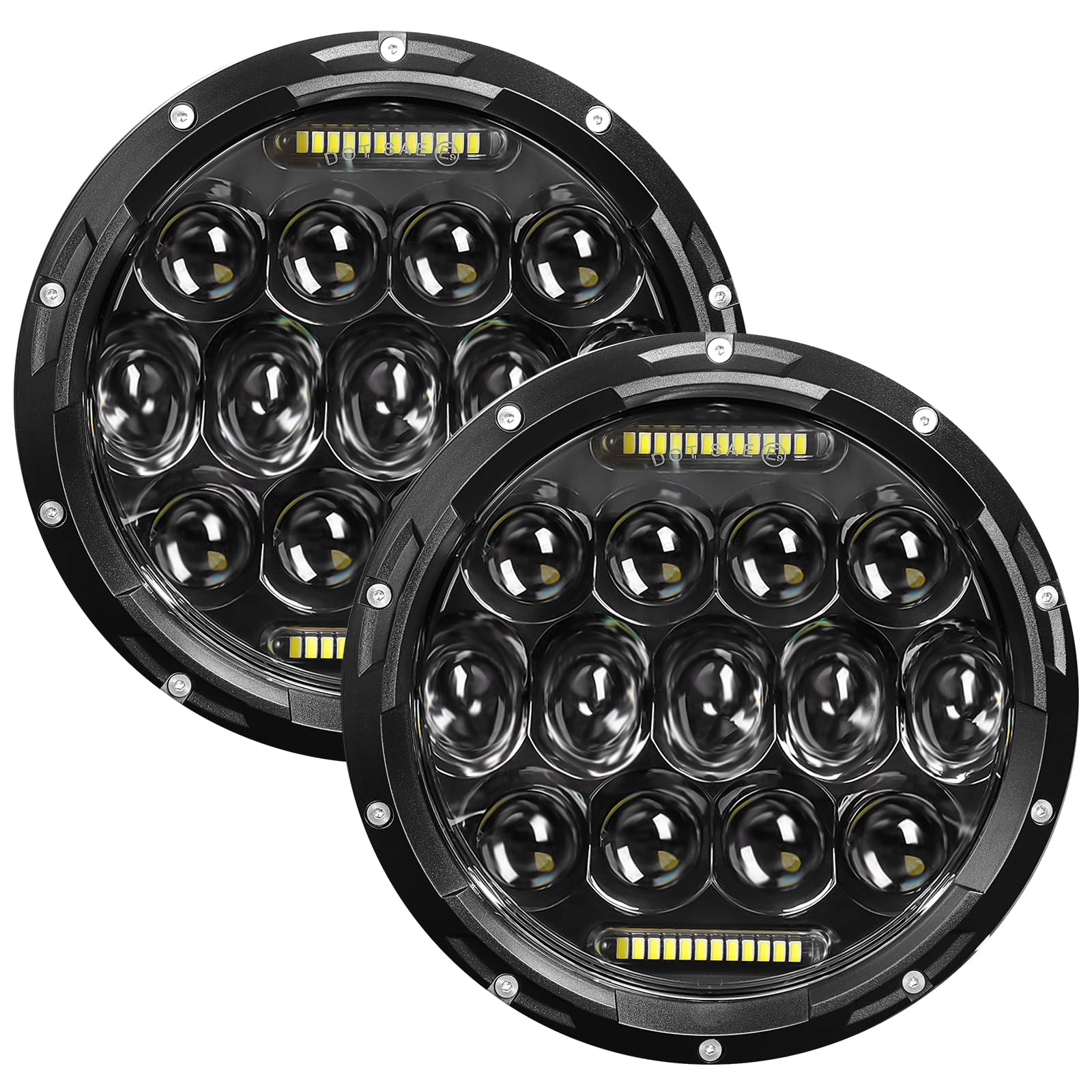 VI9000 7-inch round LED headlight front view with bright hi/lo beams for Jeep Wrangler.