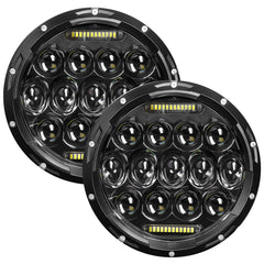 VI9000 7-inch round LED headlight front view with bright hi/lo beams for Jeep Wrangler.