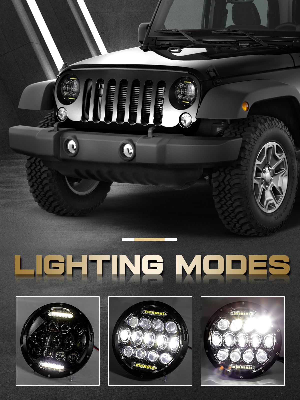 VI9000 7-inch round LED headlight side angle showing durable aluminum housing.