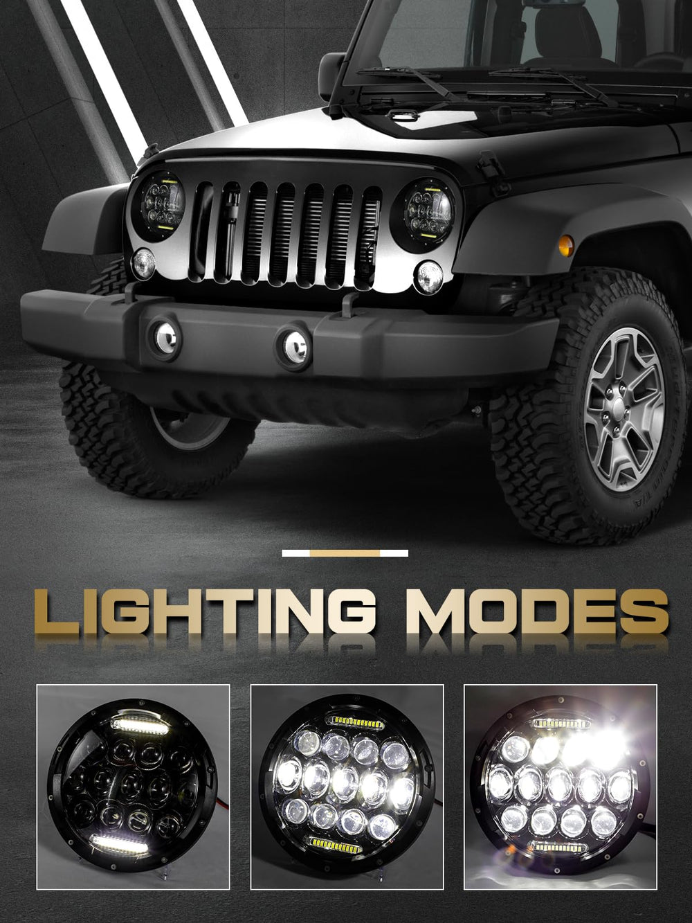 VI9000 7-inch round LED headlight side angle showing durable aluminum housing.