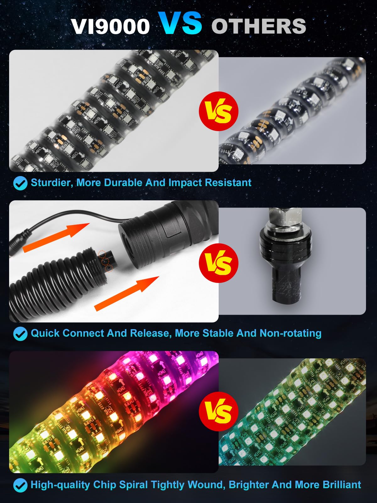 VI9000 app-controlled LED whips let you customize colors and tempo from your phone.