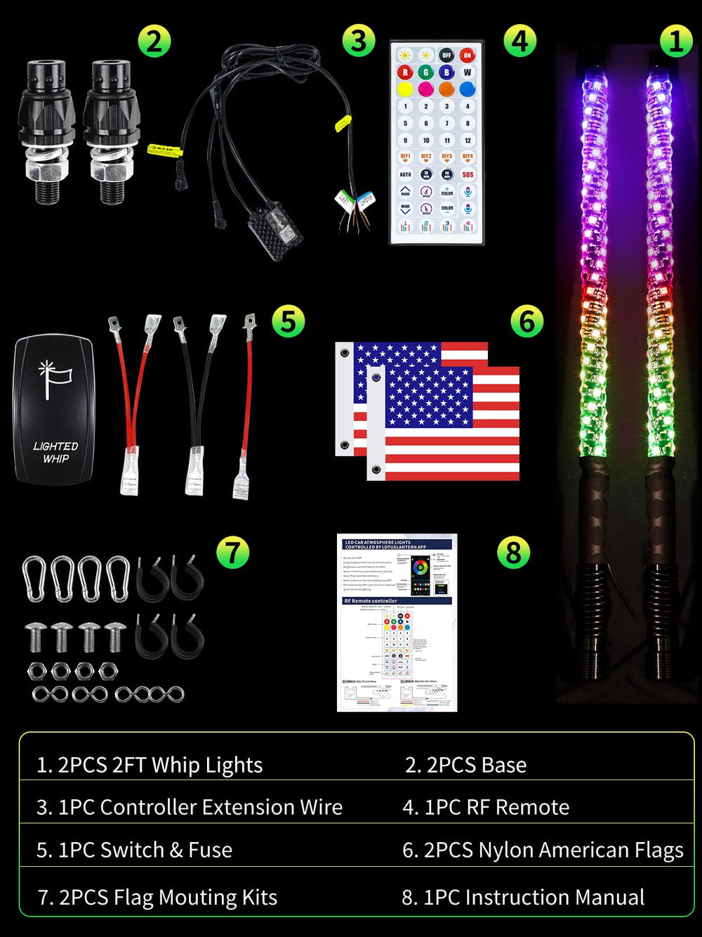 VI9000 two 2ft whips with mounting hardware and flags.