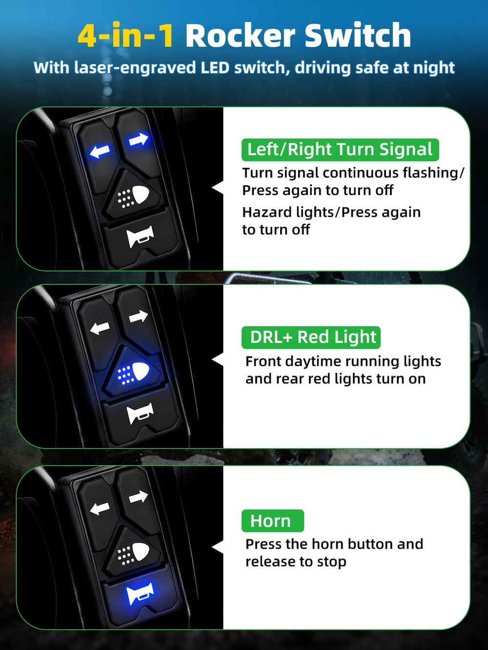 VI9000 UTV turn signal kit side view shows compact fit for many models and dash space.