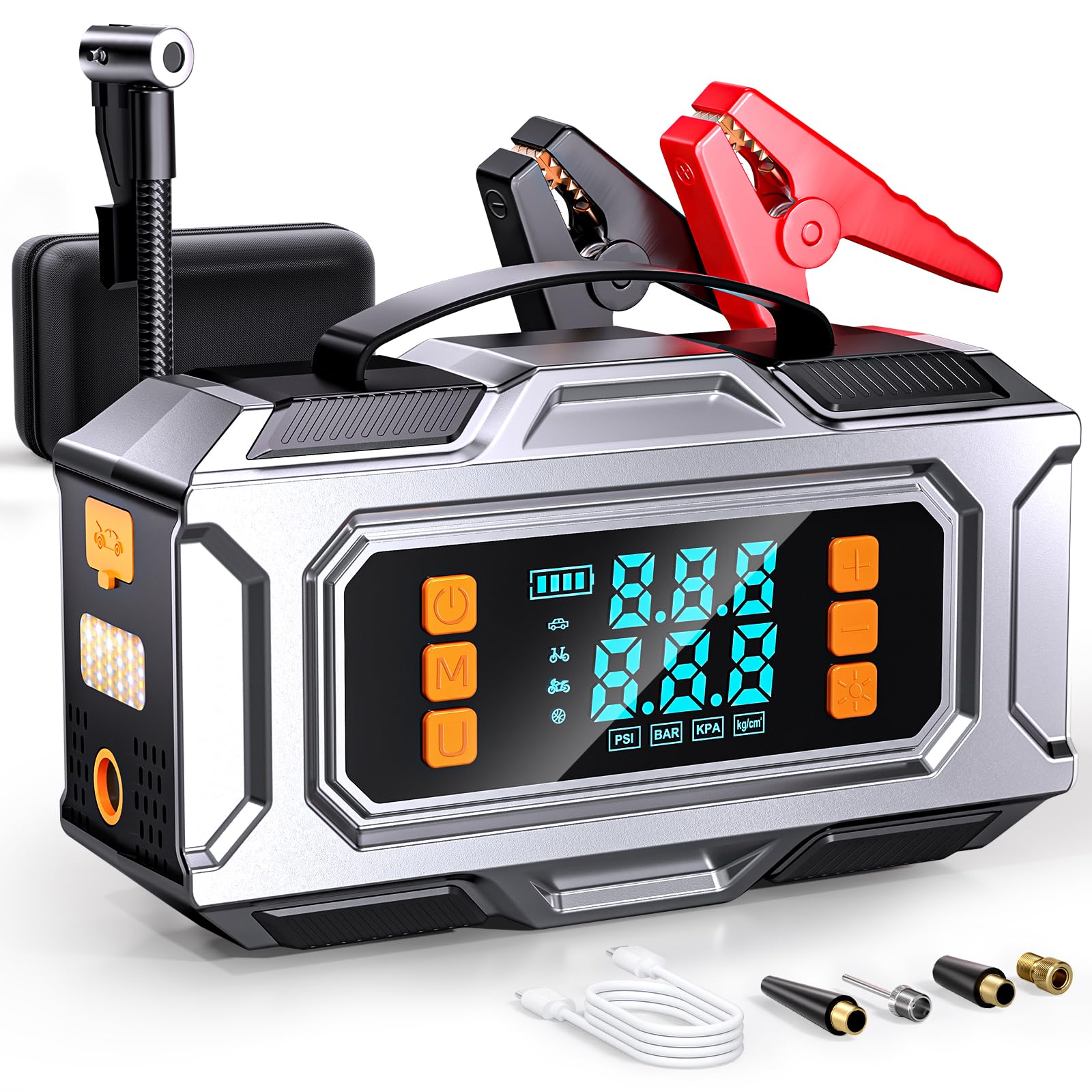 VIAXYIK front view showing compact jump starter and inflator for quick roadside help