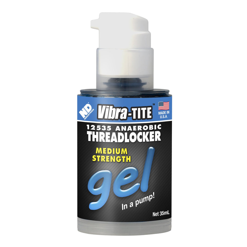 Vibra-TITE 125 gel threadlocker blue pump bottle seals fasteners against loosening.